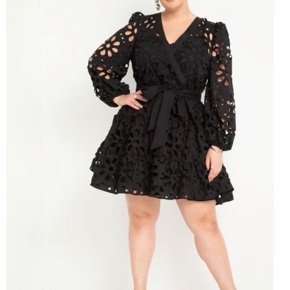 Black Eyelet Wrap Dress with Tie Waist